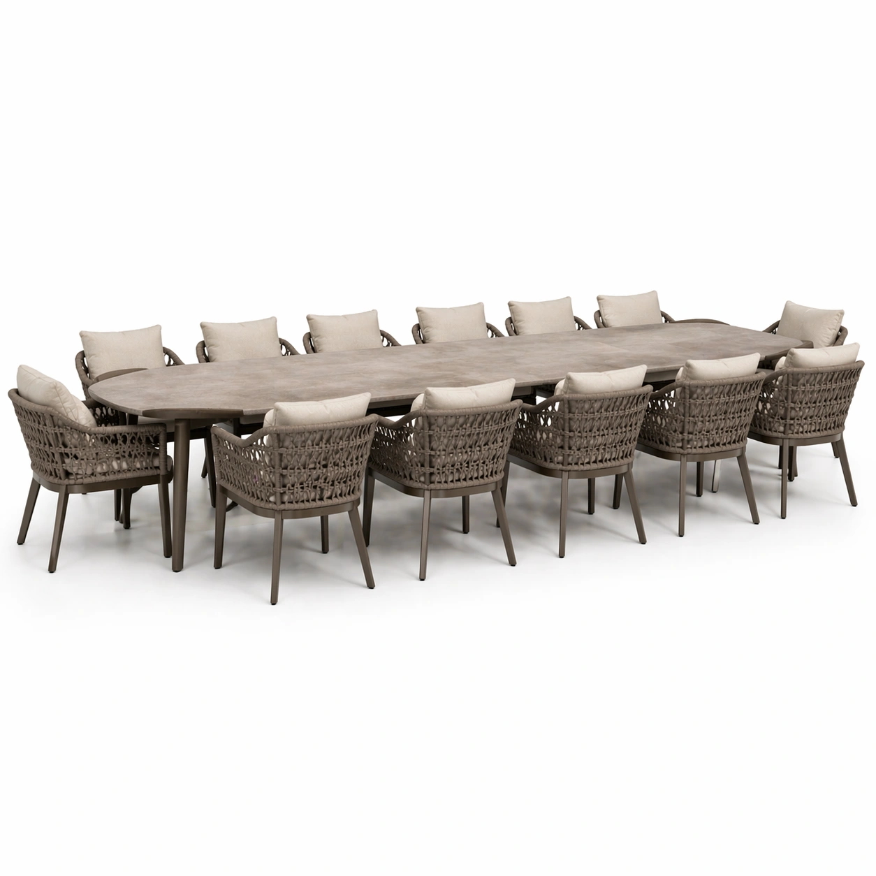Mesa comedor exterior ovalada con sillas tejido beige