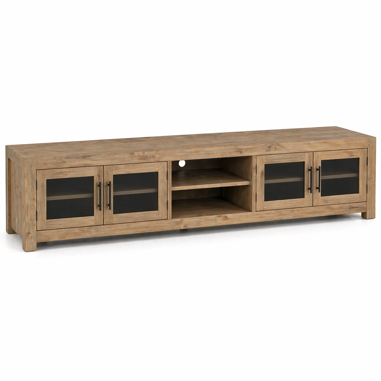 Mueble TV rustico madera con puertas vidrio y estantes