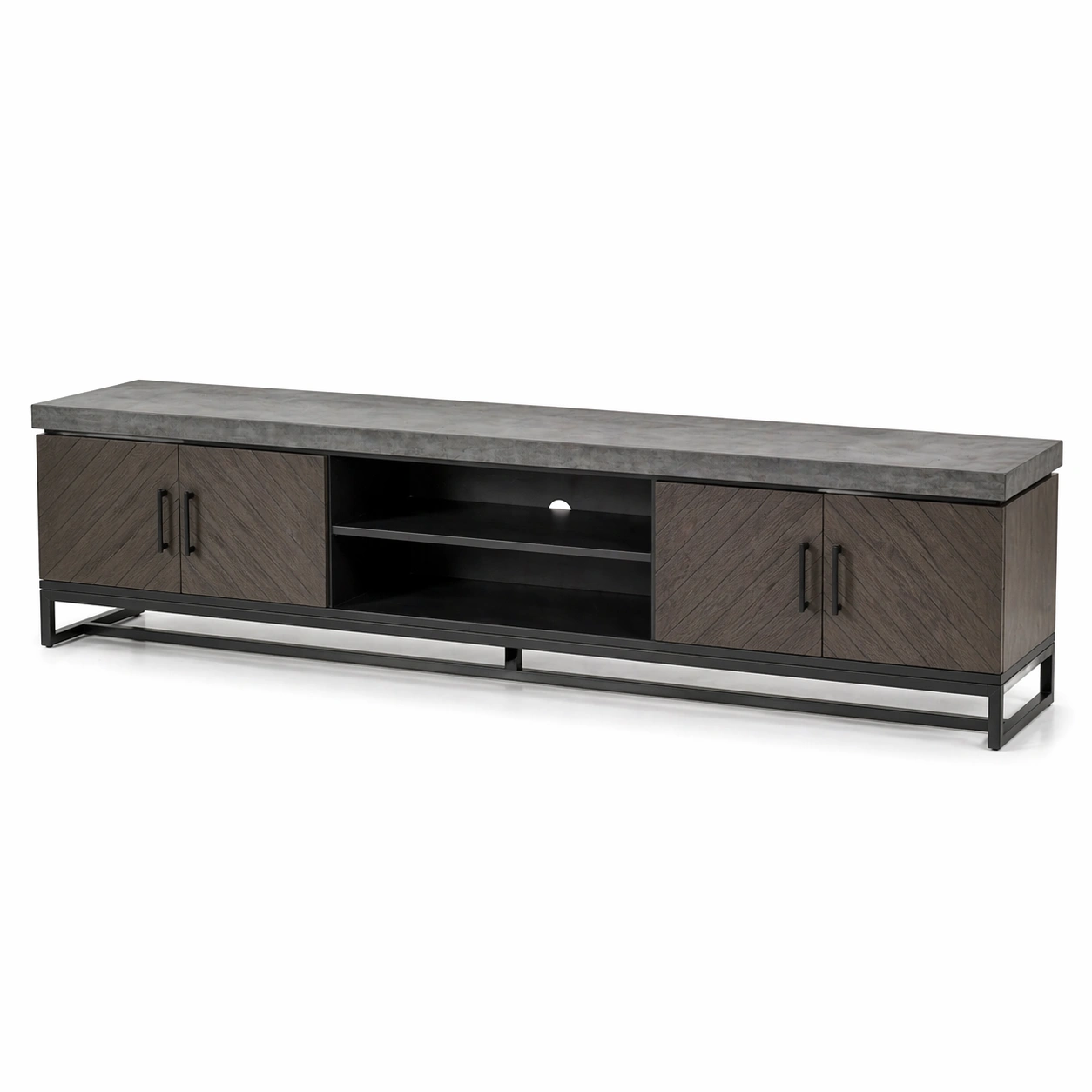 Mueble TV industrial madera oscura con base metalica