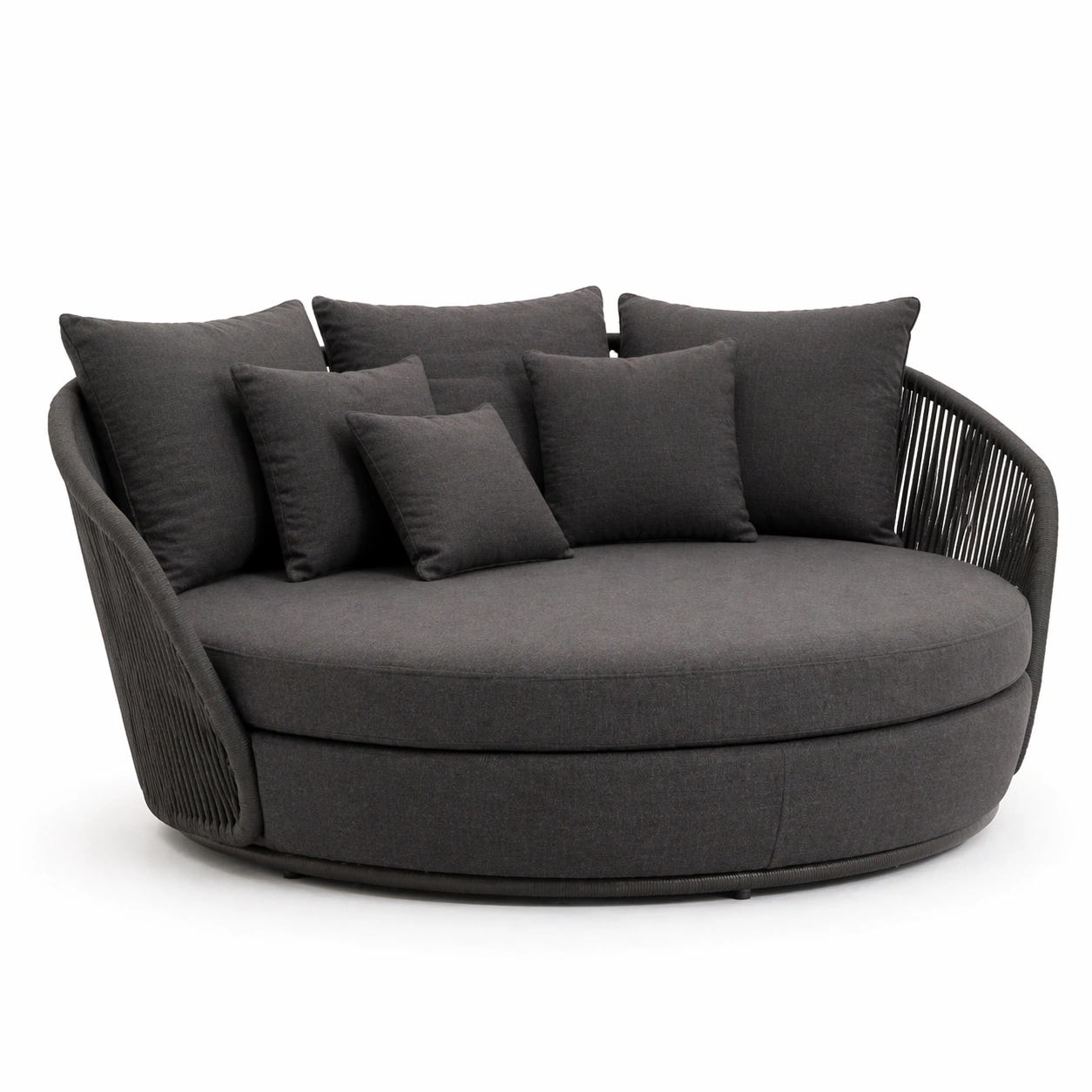 Sofa redondo moderno tapizado gris con respaldo envolvente