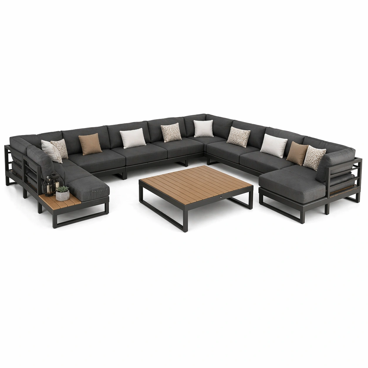 Sofa modular exterior metalico en U con mesa baja integrada
