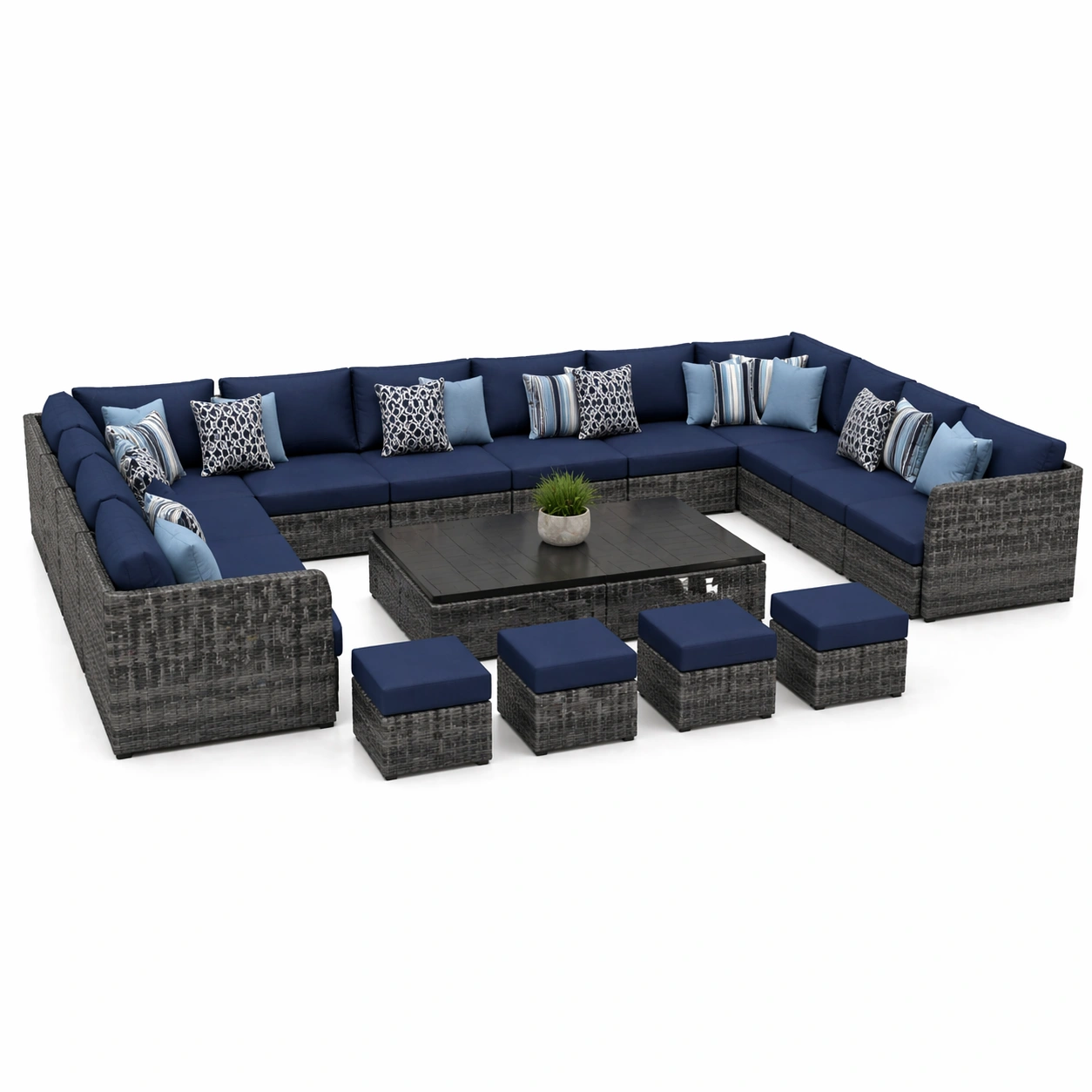 Sofa modular exterior ratan sintetico con cojines azules y mesa