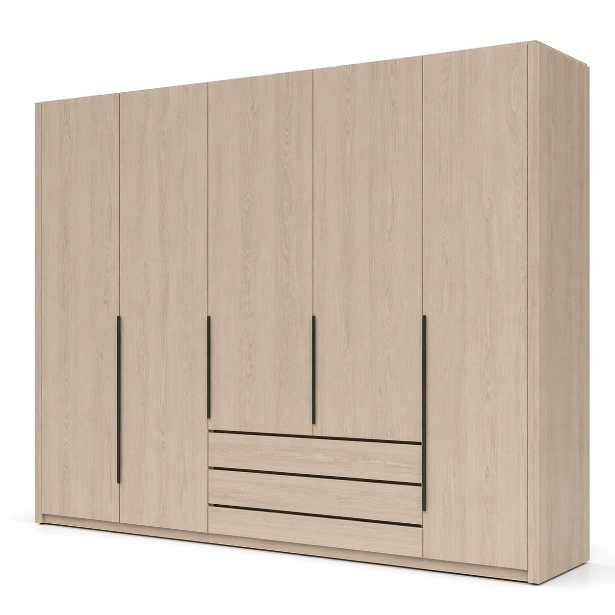 Armario grande de madera clara con seis puertas y cajones centrales estilo moderno lineal tiradores negros almacenamiento amplio dormitorio matrimonio organizacion hogar-nextempest