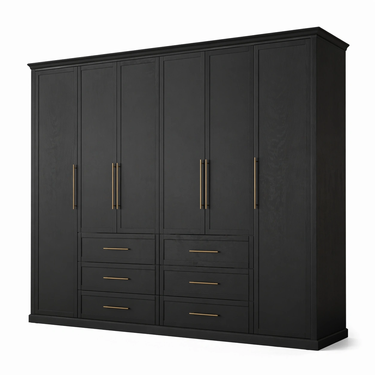 Armario grande color negro mate con seis puertas y seis cajones estilo elegante tiradores dorados diseno clasico moderno dormitorio almacenamiento premium hogar-nextempest
