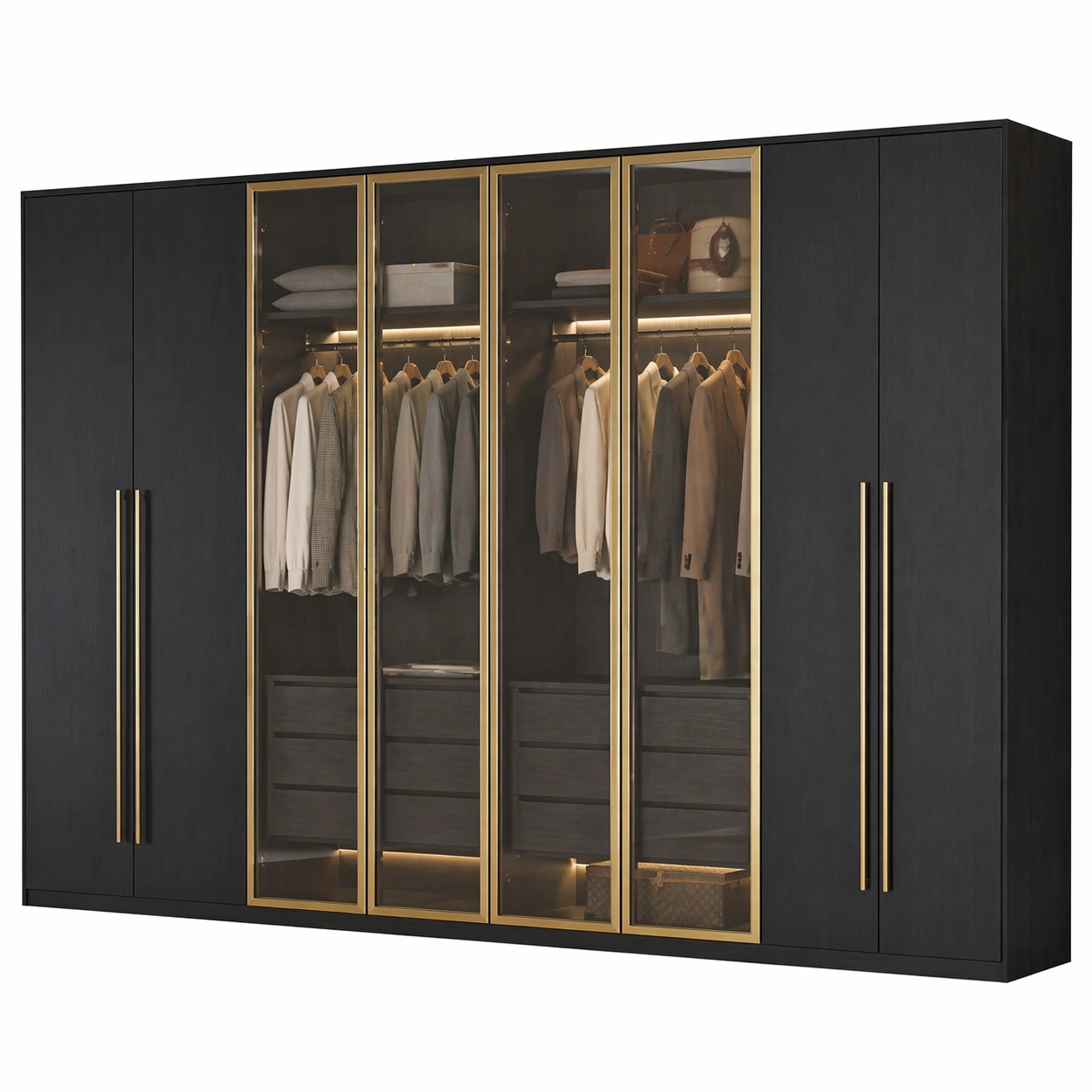 Armario negro con puertas de cristal iluminacion interior led seis modulos almacenamiento ropa premium diseno moderno elegante dormitorio vestidor hogar-nextempest