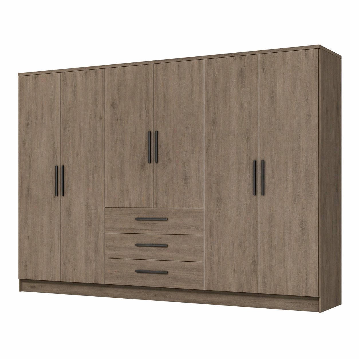 Armario grande color madera oscura con seis puertas y cajones centrales tiradores negros diseno moderno funcional dormitorio almacenaje amplio hogar-nextempest