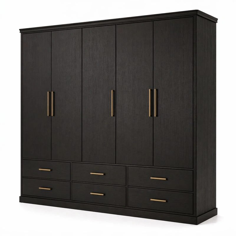 Armario negro mate con seis puertas y seis cajones tiradores dorados diseno elegante moderno dormitorio gran capacidad almacenamiento ropa hogar-nextempest