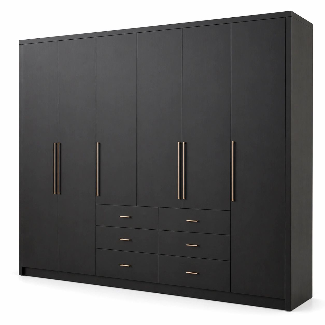 Armario negro moderno con seis puertas y cajones centrales tiradores metalicos dorados diseno minimalista dormitorio almacenamiento organizado hogar-nextempest