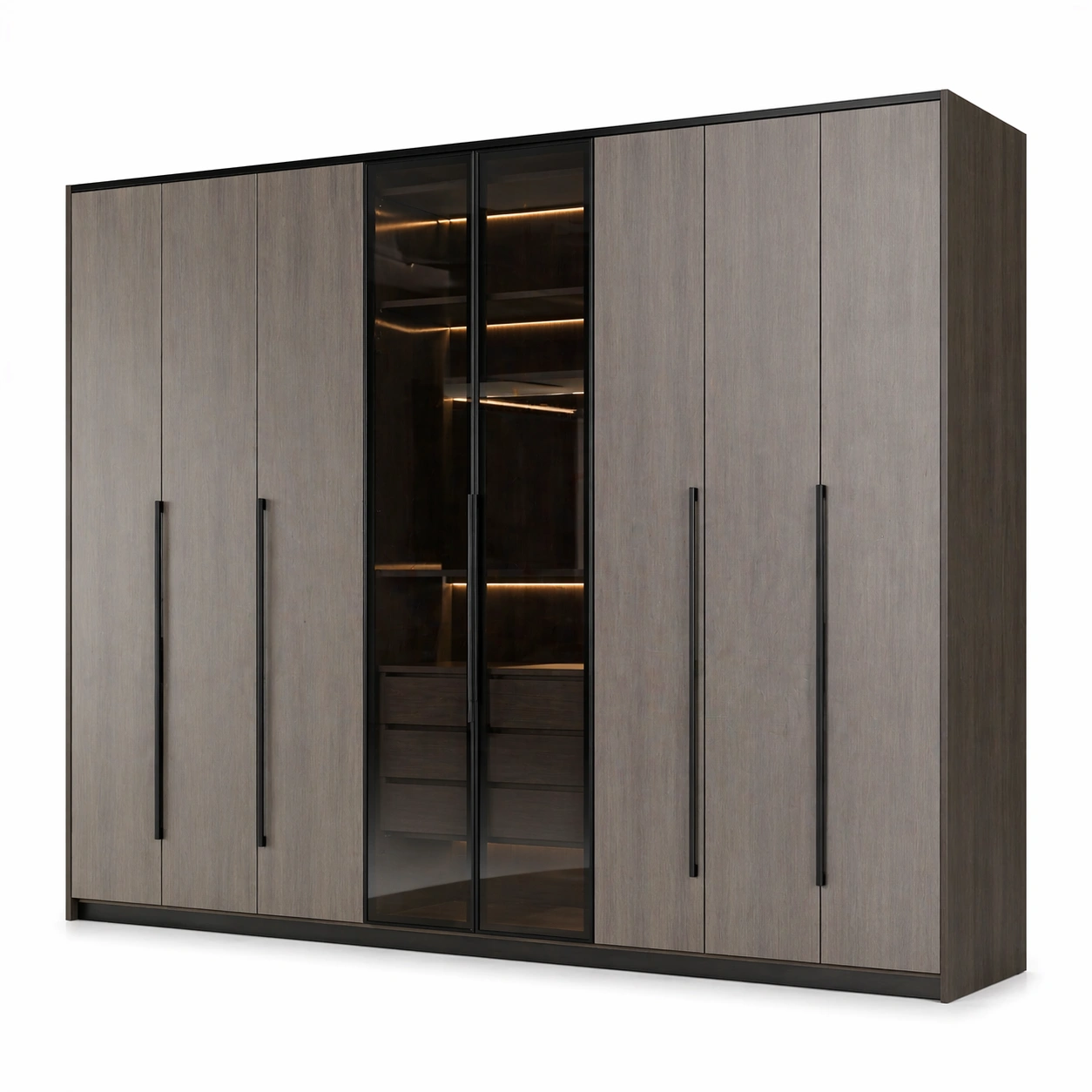 Armario grande combinacion madera gris con puertas centrales vidrio oscuro iluminacion interior led diseno moderno almacenamiento premium dormitorio hogar-nextempest
