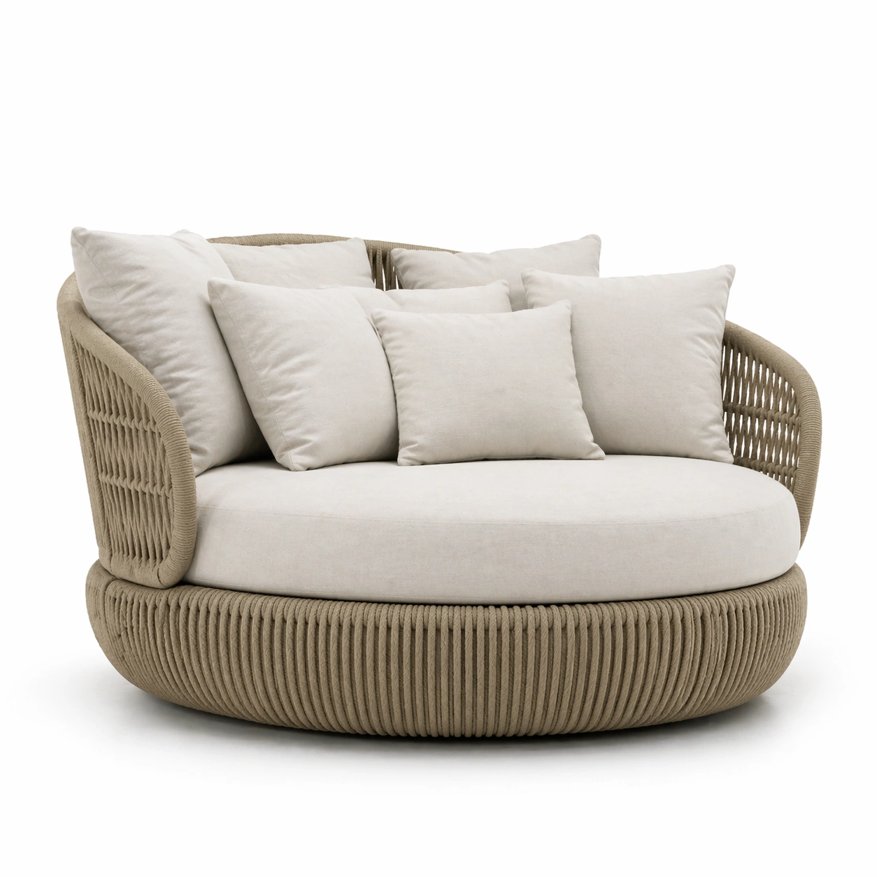 Sofa redondo exterior color beige con estructura trenzada y cojines amplios estilo moderno relax jardin terraza comodidad diseno organico descanso premium hogar-nextempest