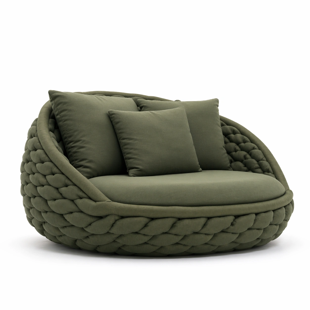 Sofa redondo moderno color verde oliva tejido grueso trenzado con cojines suaves estilo organico diseno contemporaneo relax interior exterior hogar-nextempest