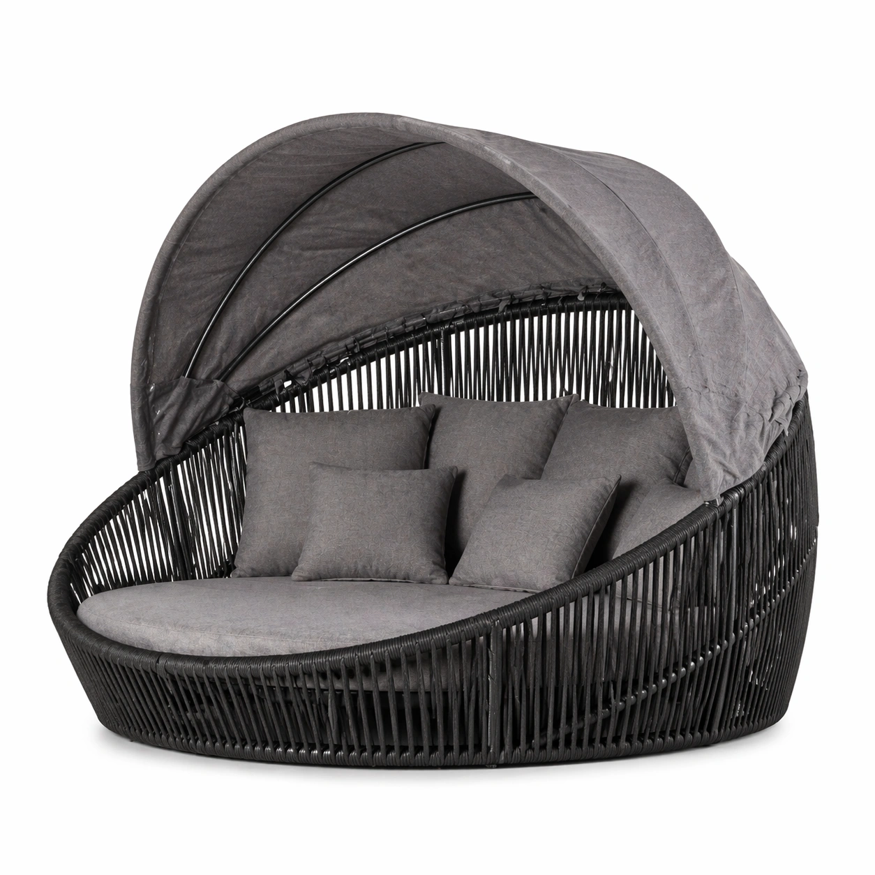 Sofa exterior redondo color gris con capota ajustable estructura trenzada y cojines confortables diseno moderno jardin terraza descanso premium hogar-nextempest