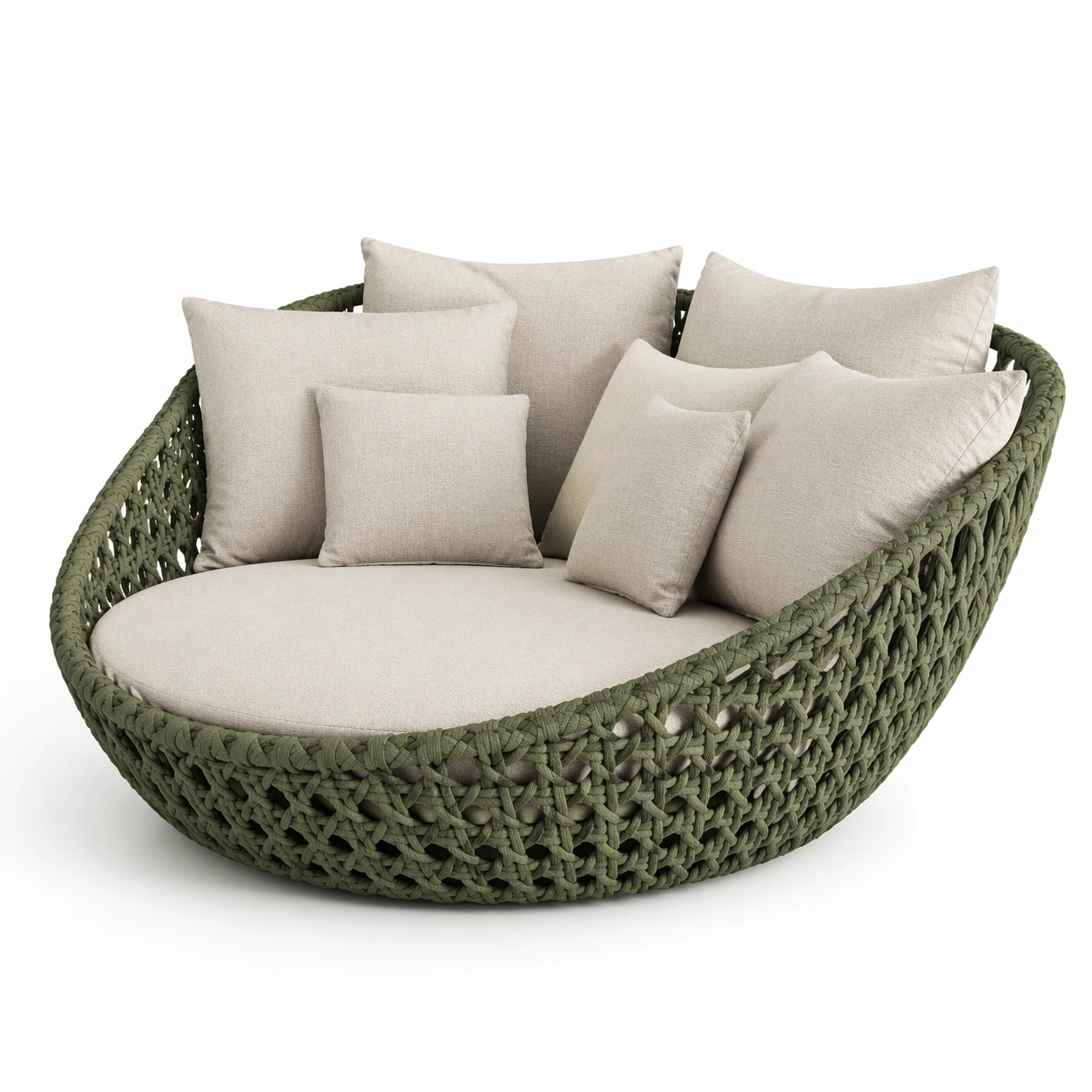 Sofa redondo tejido color verde con cojines beige estructura trenzada diseno moderno organico exterior interior terraza jardin confort premium hogar-nextempest