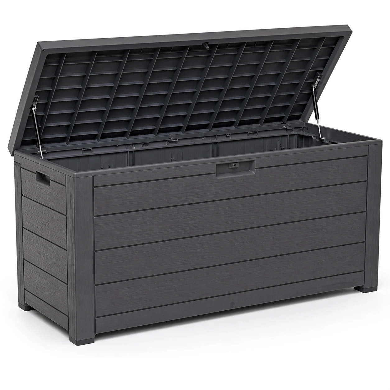 Caja de almacenamiento exterior grande color gris con tapa abatible sistema hidraulico resistente agua jardin terraza organizacion muebles exterior hogar-nextempest