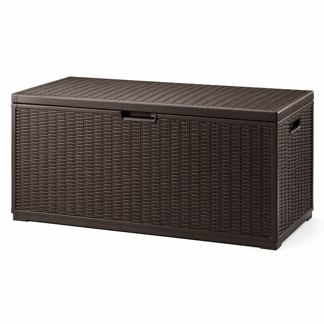 Caja almacenamiento jardin color marron oscuro estilo ratan sintetico tapa superior gran capacidad organizacion exterior resistente humedad hogar-nextempest