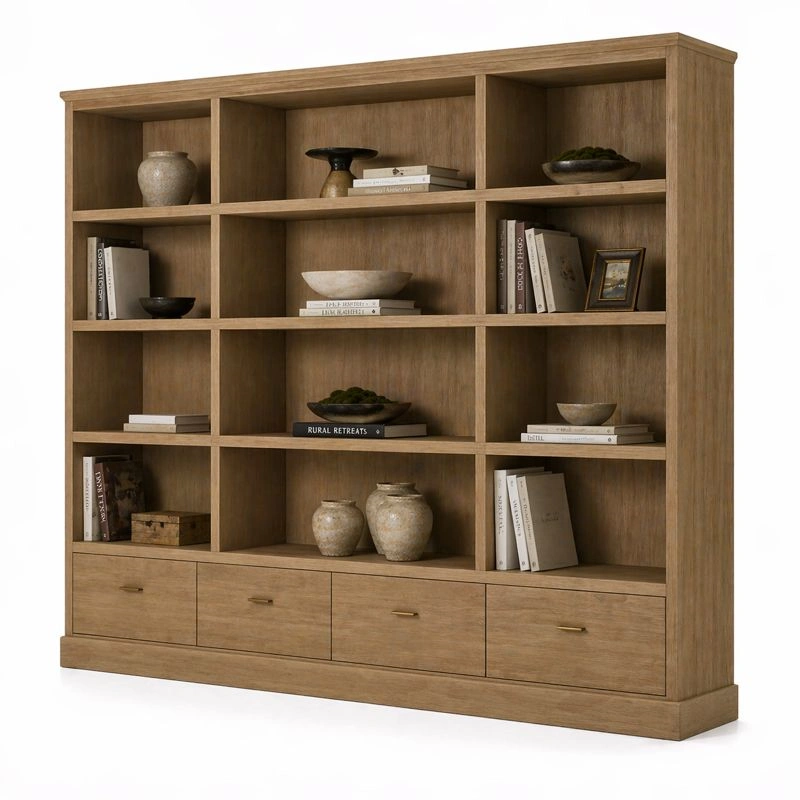 Estanteria grande de madera color natural con multiples compartimentos y cajones inferiores-nextempest