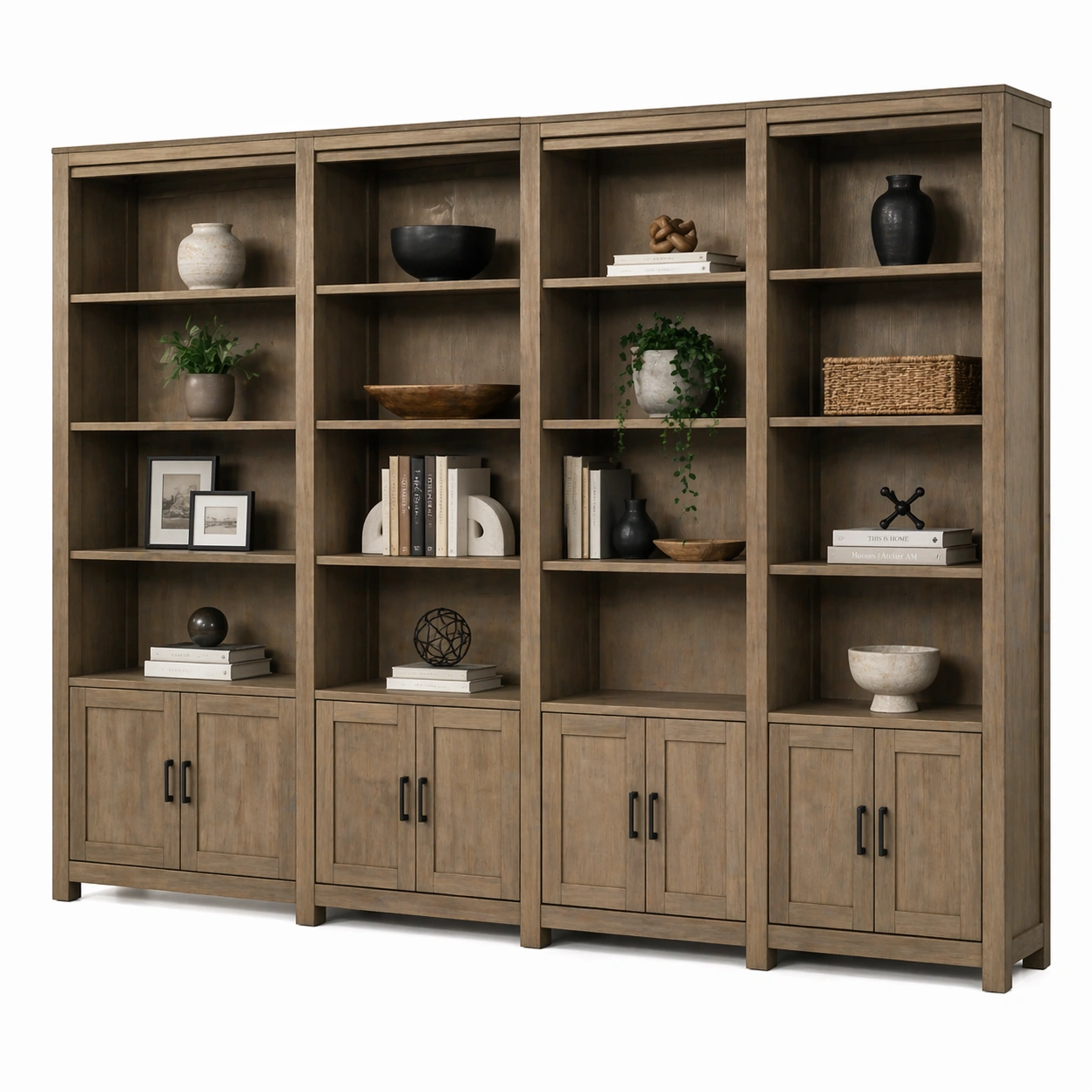 Estanteria grande madera clara con puertas inferiores y compartimentos abiertos