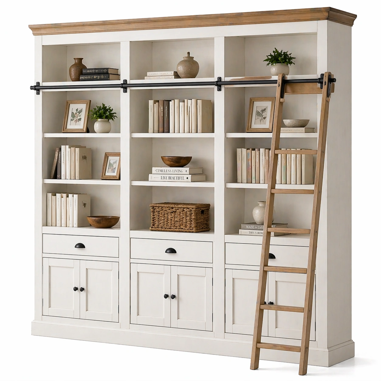 Estanteria blanca grande con detalles madera y escalera deslizante