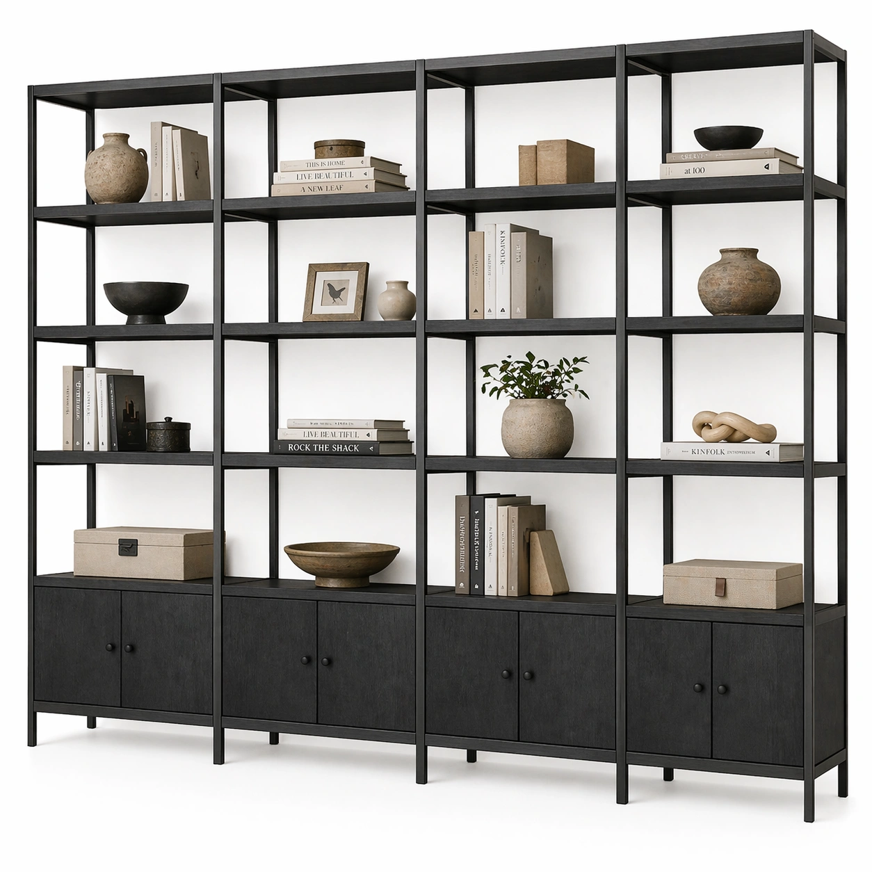 Estanteria grande metalica negra con estantes abiertos y armarios inferiores