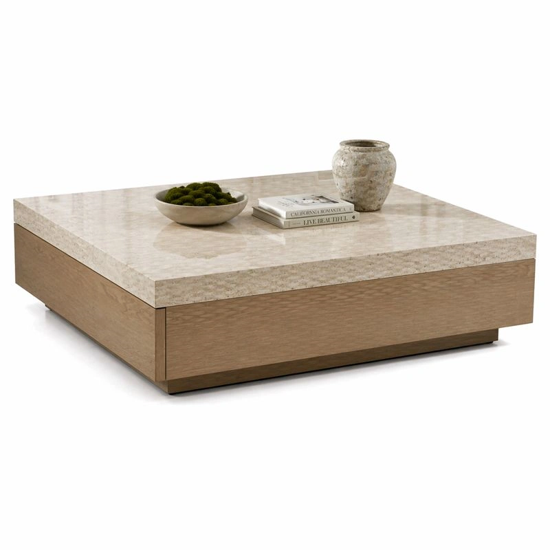 Mesa de centro cuadrada beige con tablero tipo piedra y base madera