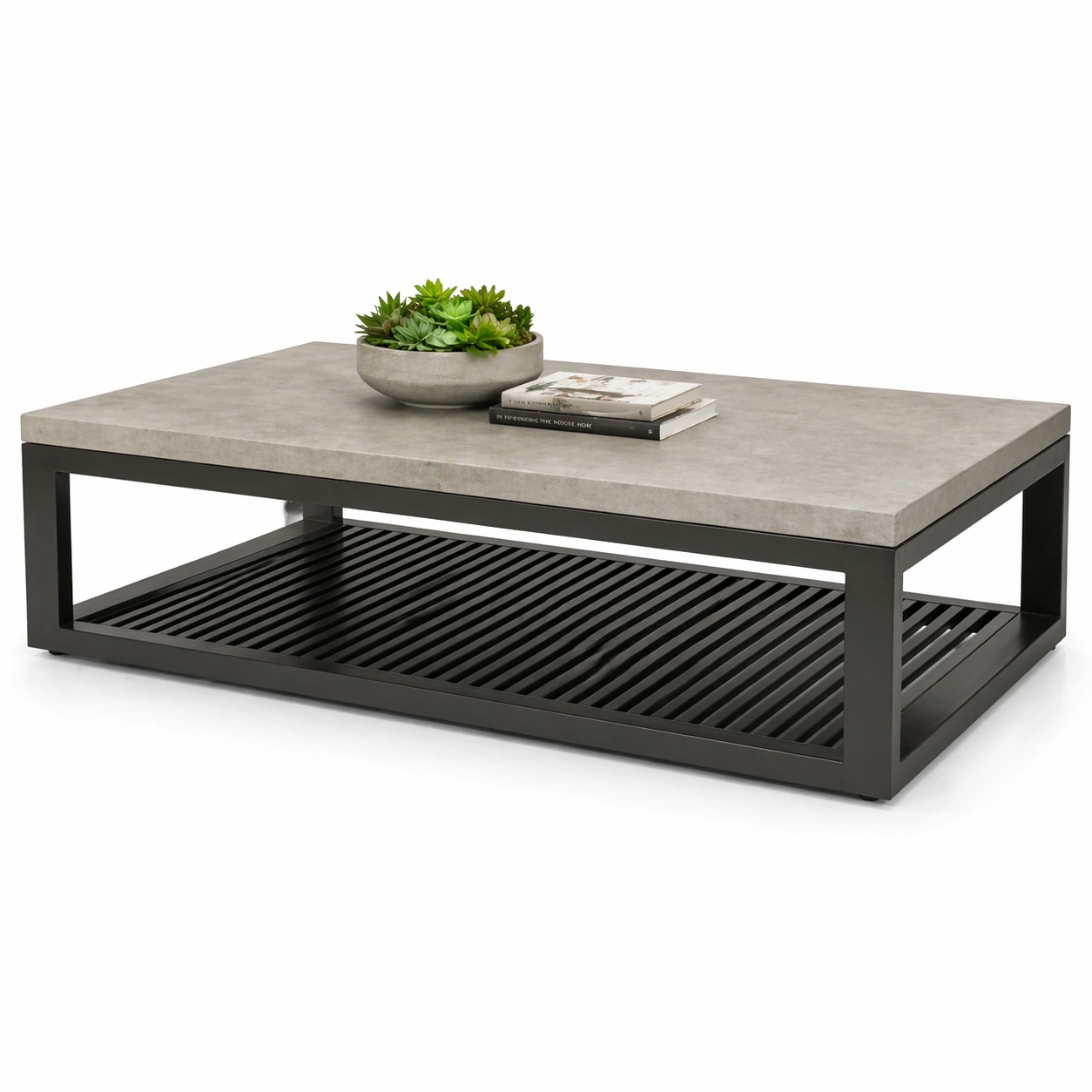 Mesa de centro rectangular gris con estructura metalica y estante inferior