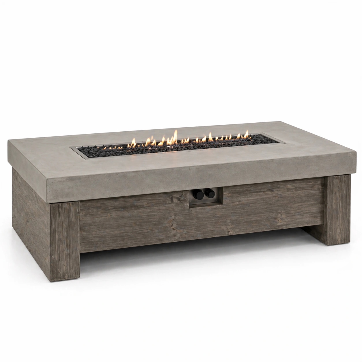 Mesa de centro rectangular gris con fuego integrado y base madera