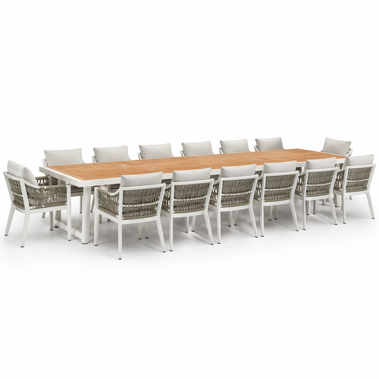 Mesa de comedor exterior grande rectangular blanco y madera con 12 sillas cuerda