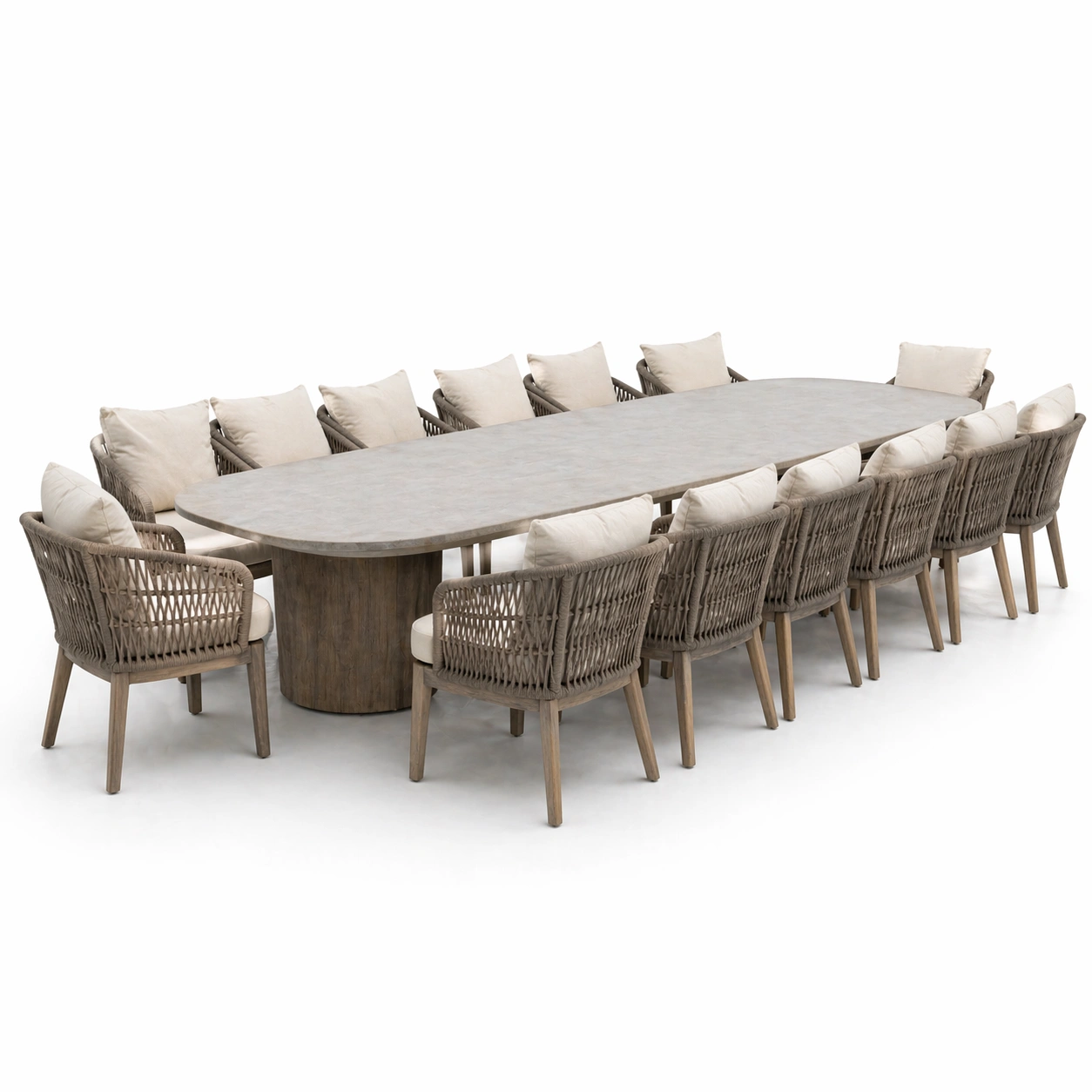 Mesa de comedor ovalada grande gris con base central y 12 sillas cuerda