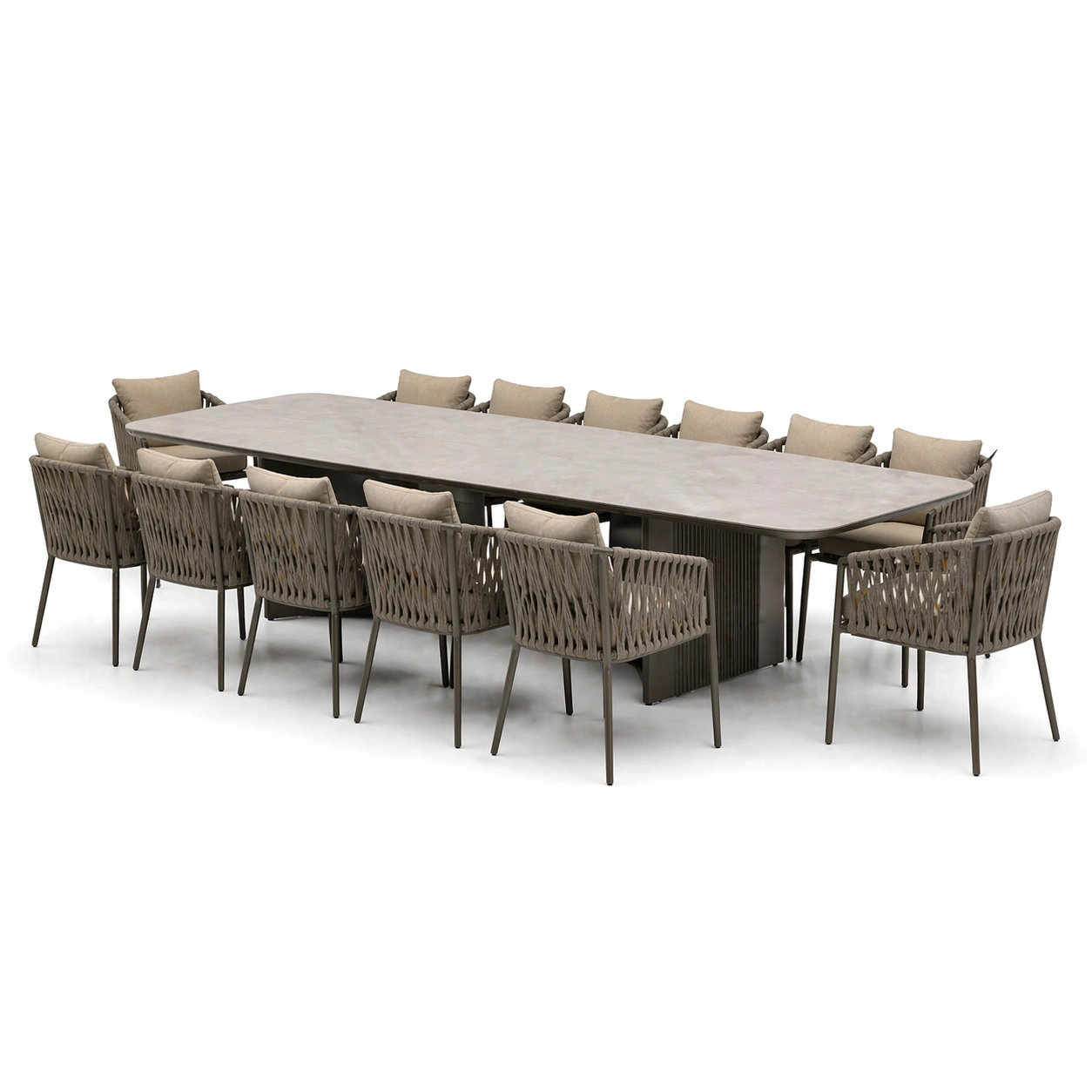 Mesa de comedor rectangular grande gris con base central y 12 sillas