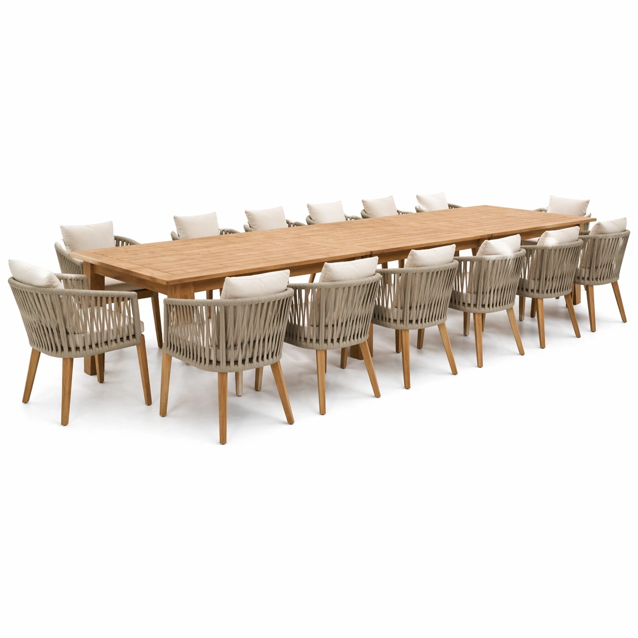 Mesa de comedor rectangular grande madera natural con 12 sillas cuerda