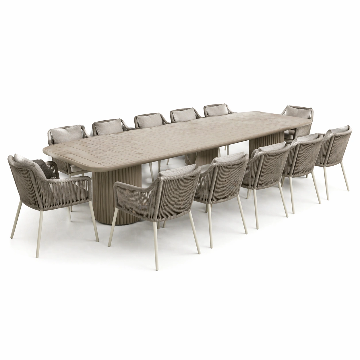 Mesa de comedor ovalada grande beige con base central y 12 sillas cuerda