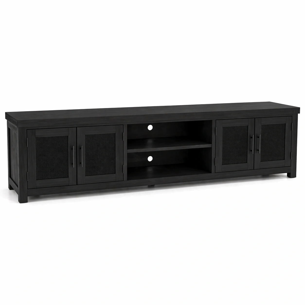 Mueble TV largo moderno negro con puertas y estantes centrales