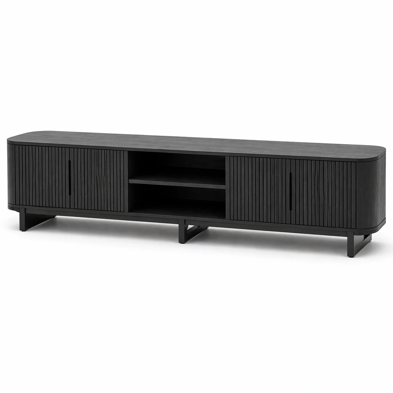 Mueble TV largo moderno negro con diseno ranurado y puertas deslizantes