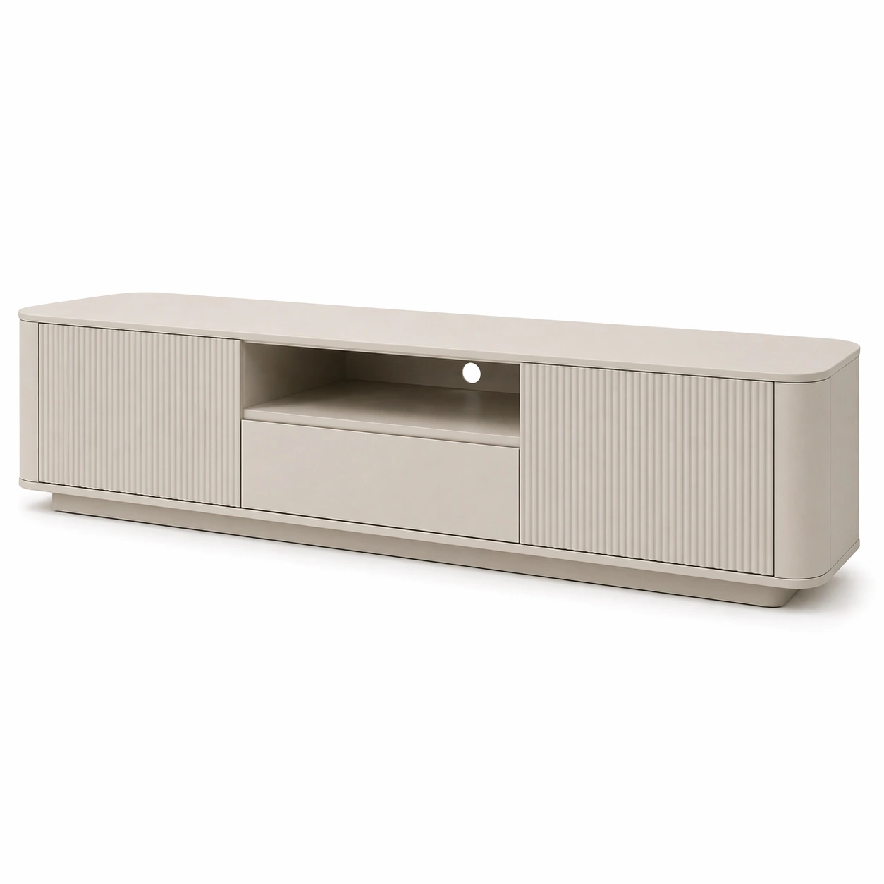 Mueble TV largo moderno beige con cajon central y puertas laterales