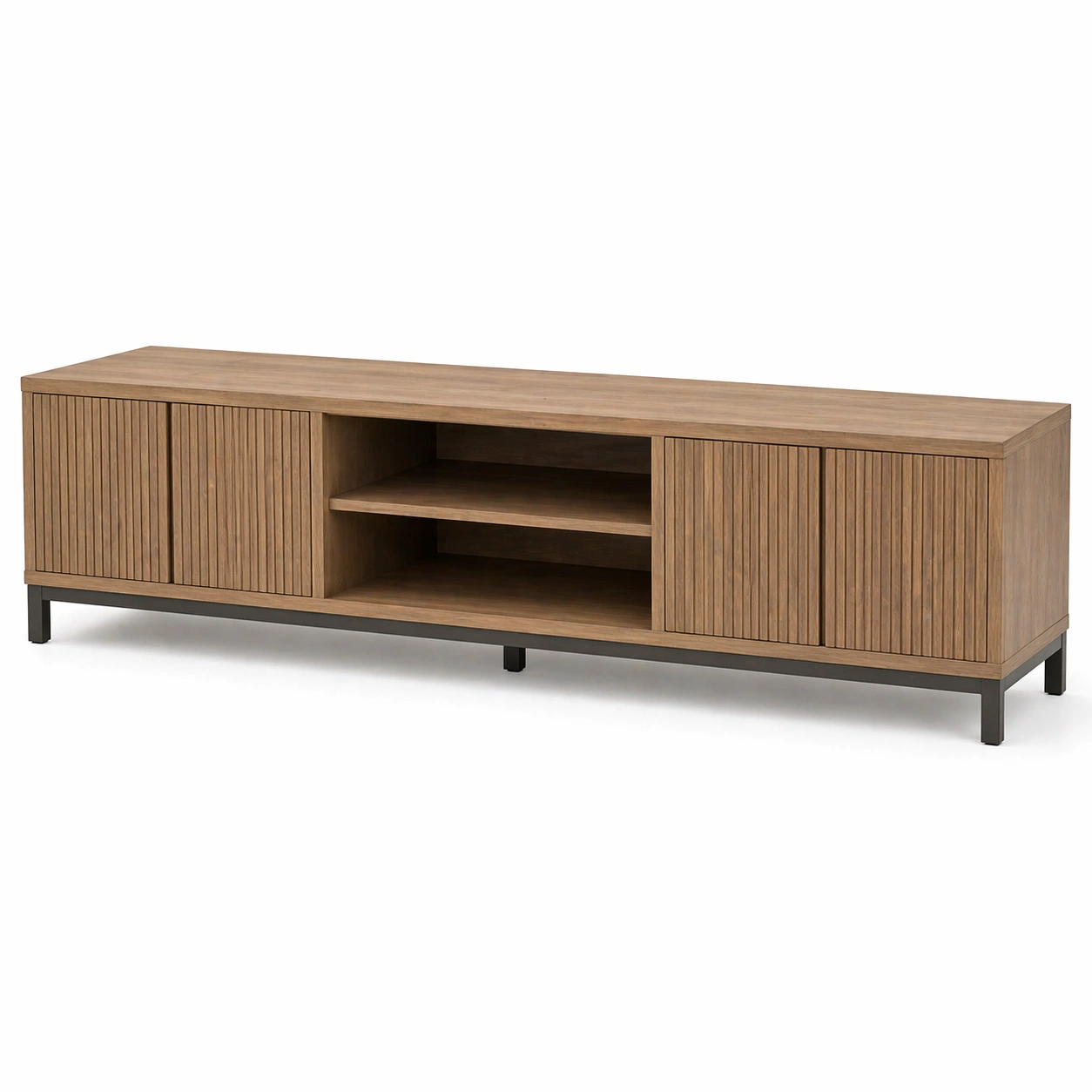 Mueble TV largo moderno madera natural con puertas ranuradas y estantes