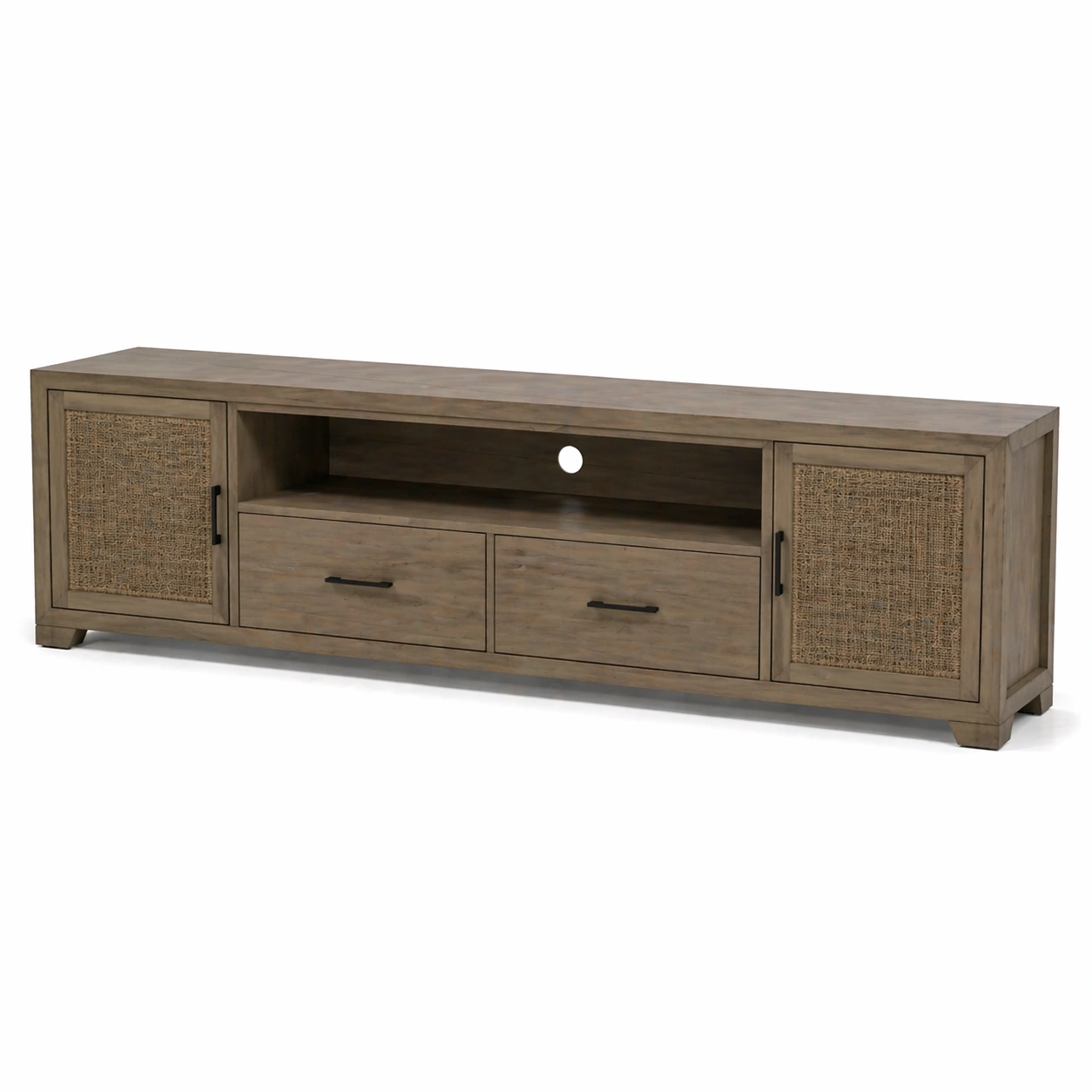 Mueble TV largo moderno madera con puertas de ratan y cajones