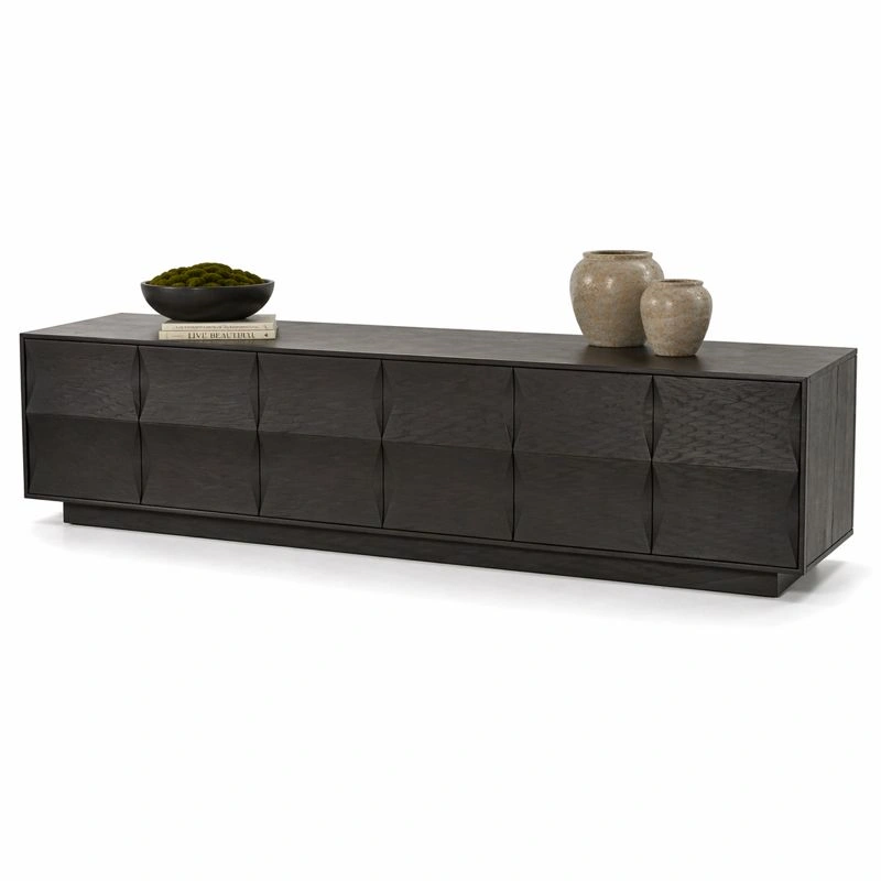 Mueble TV largo moderno marron oscuro con diseno geometrico frontal