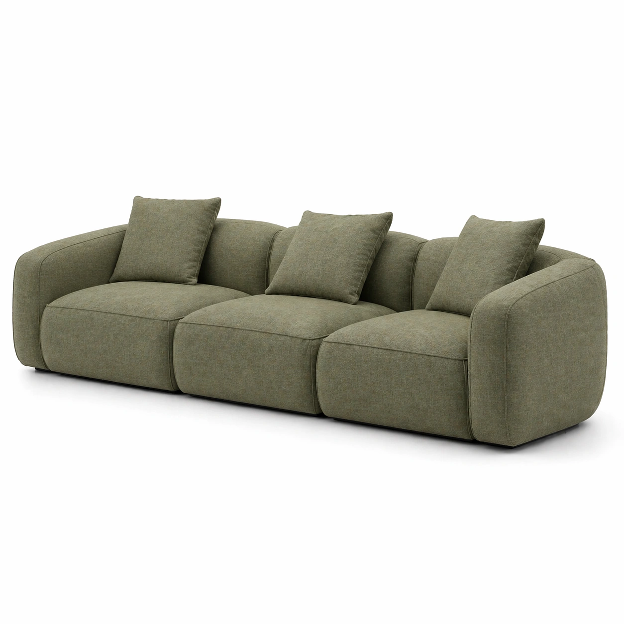 Sofa moderno 3 plazas verde con respaldo curvo y cojines incluidos