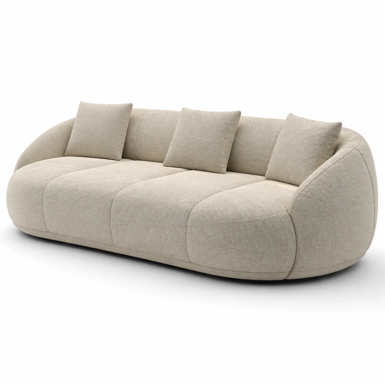 Sofa moderno 3 plazas beige con diseno curvo y cojines incluidos