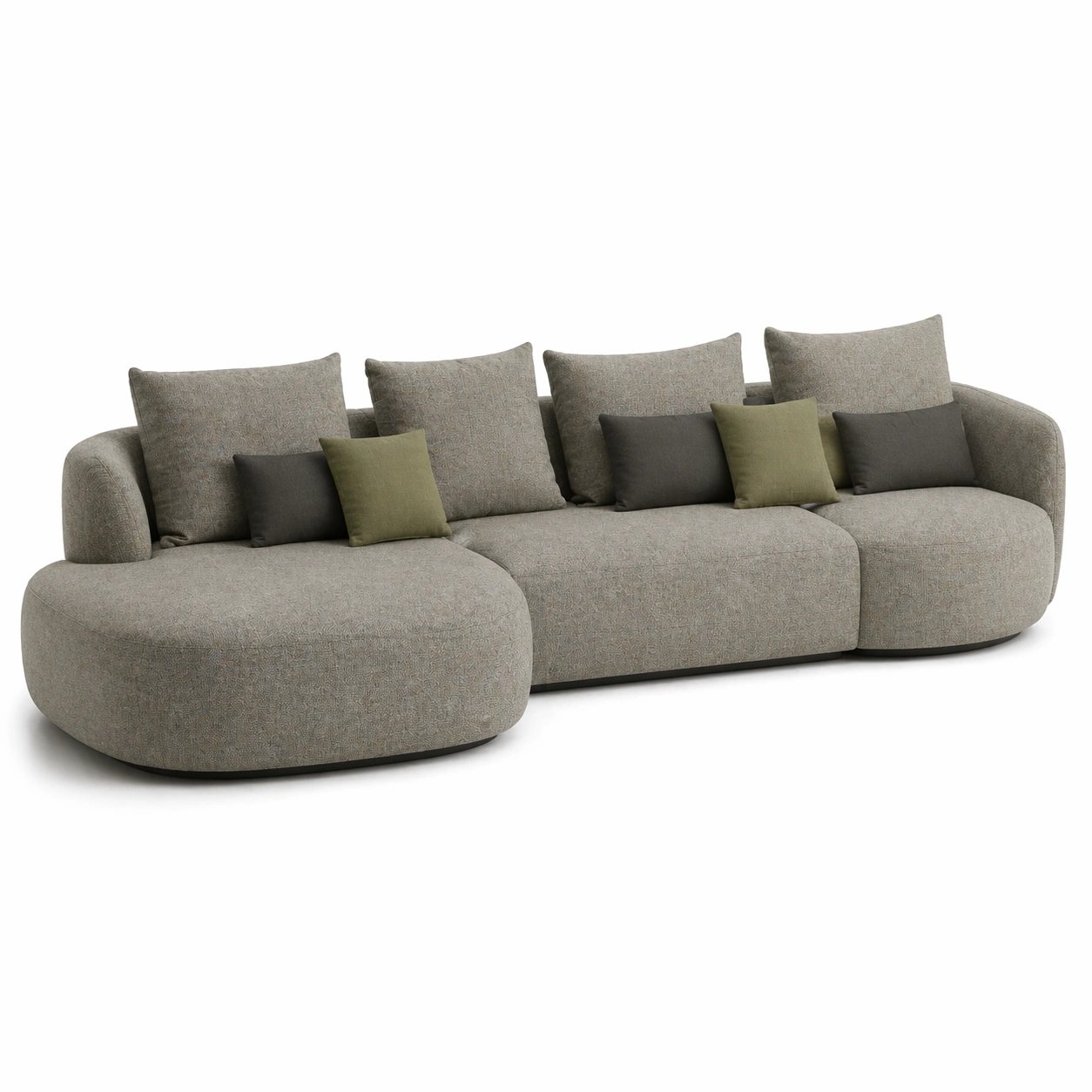 Sofa moderno 4 plazas gris claro con forma organica y cojines decorativos