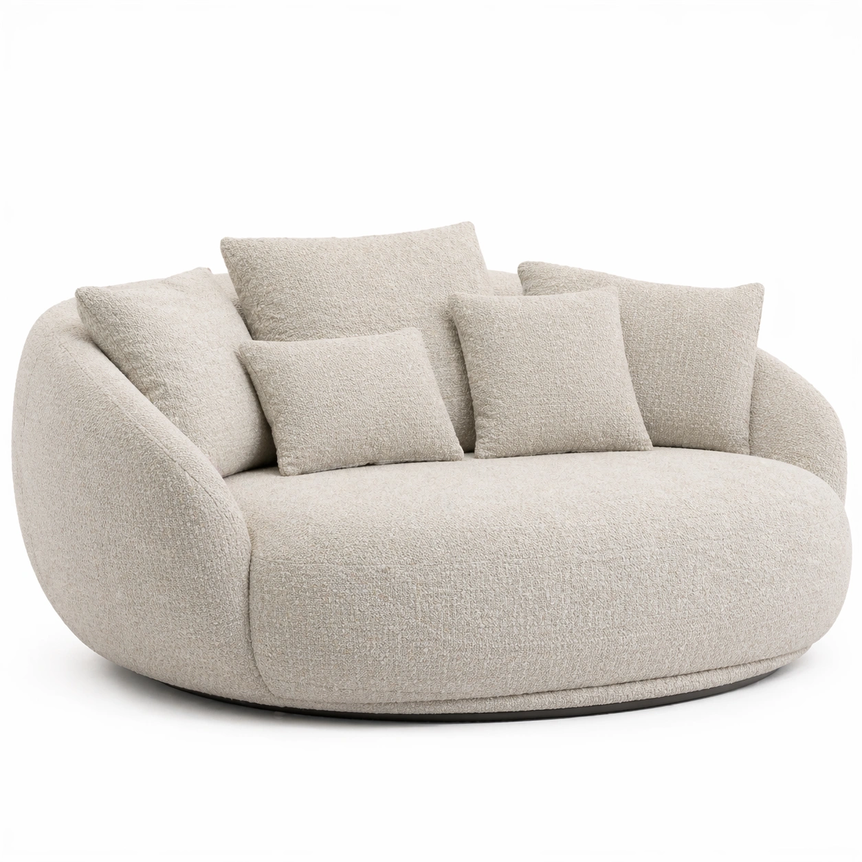 Sofa redondo moderno beige con respaldo envolvente y cojines incluidos