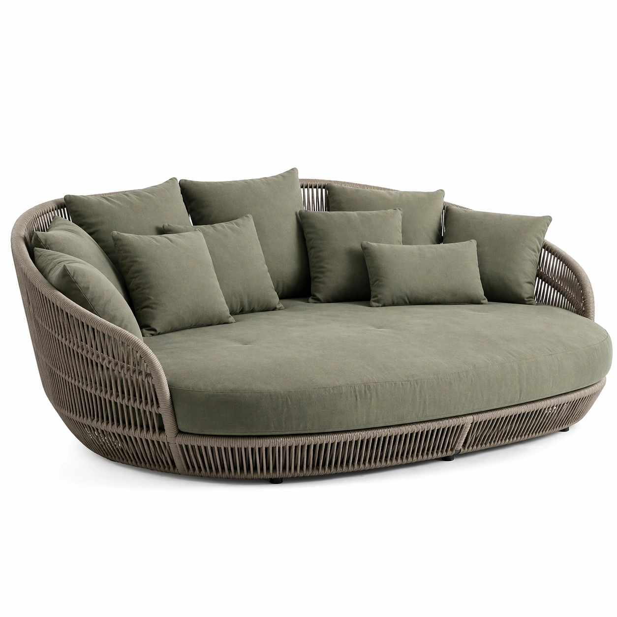 Sofa redondo verde con estructura de cuerda y cojines incluidos