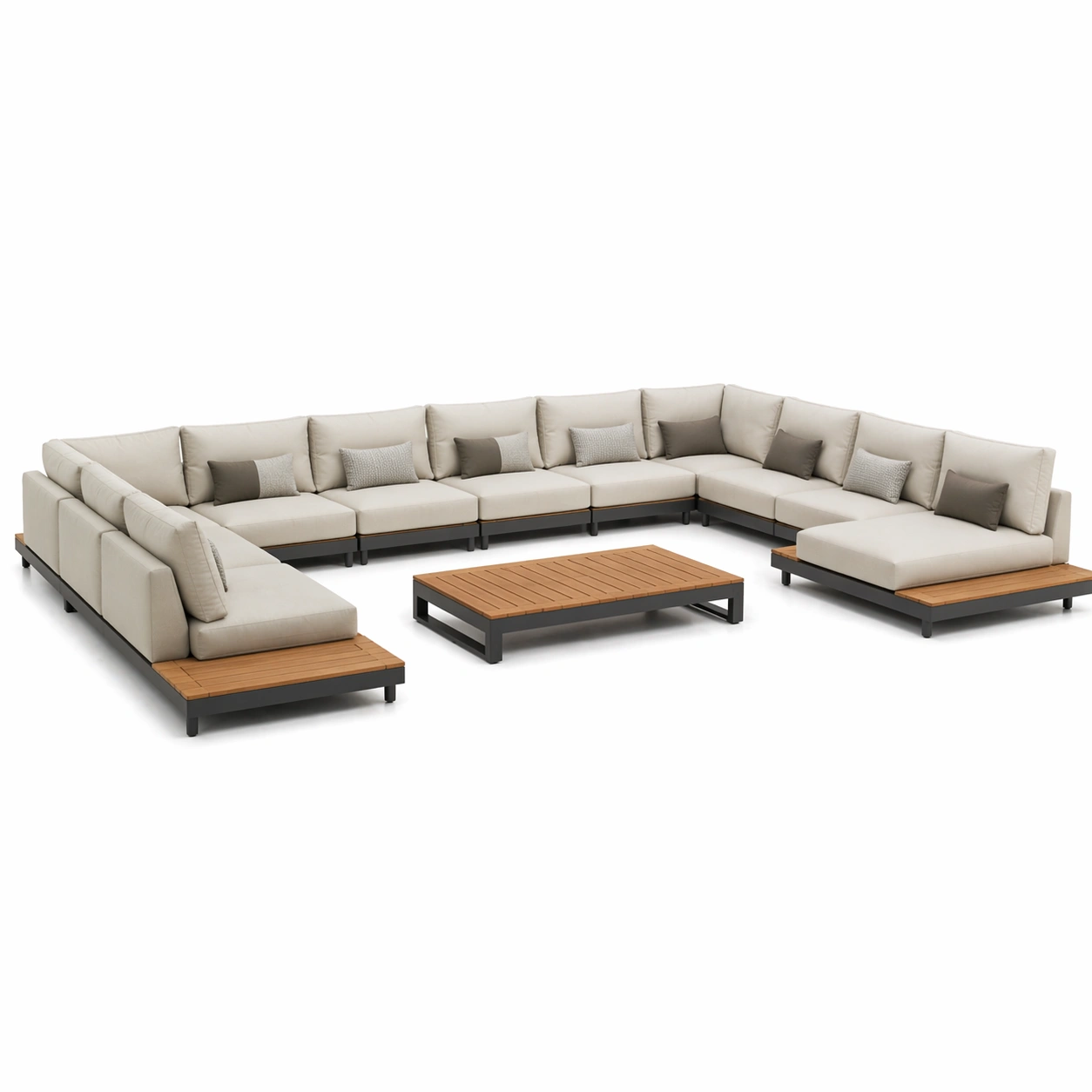 Conjunto sofa exterior modular en U beige con mesa central madera