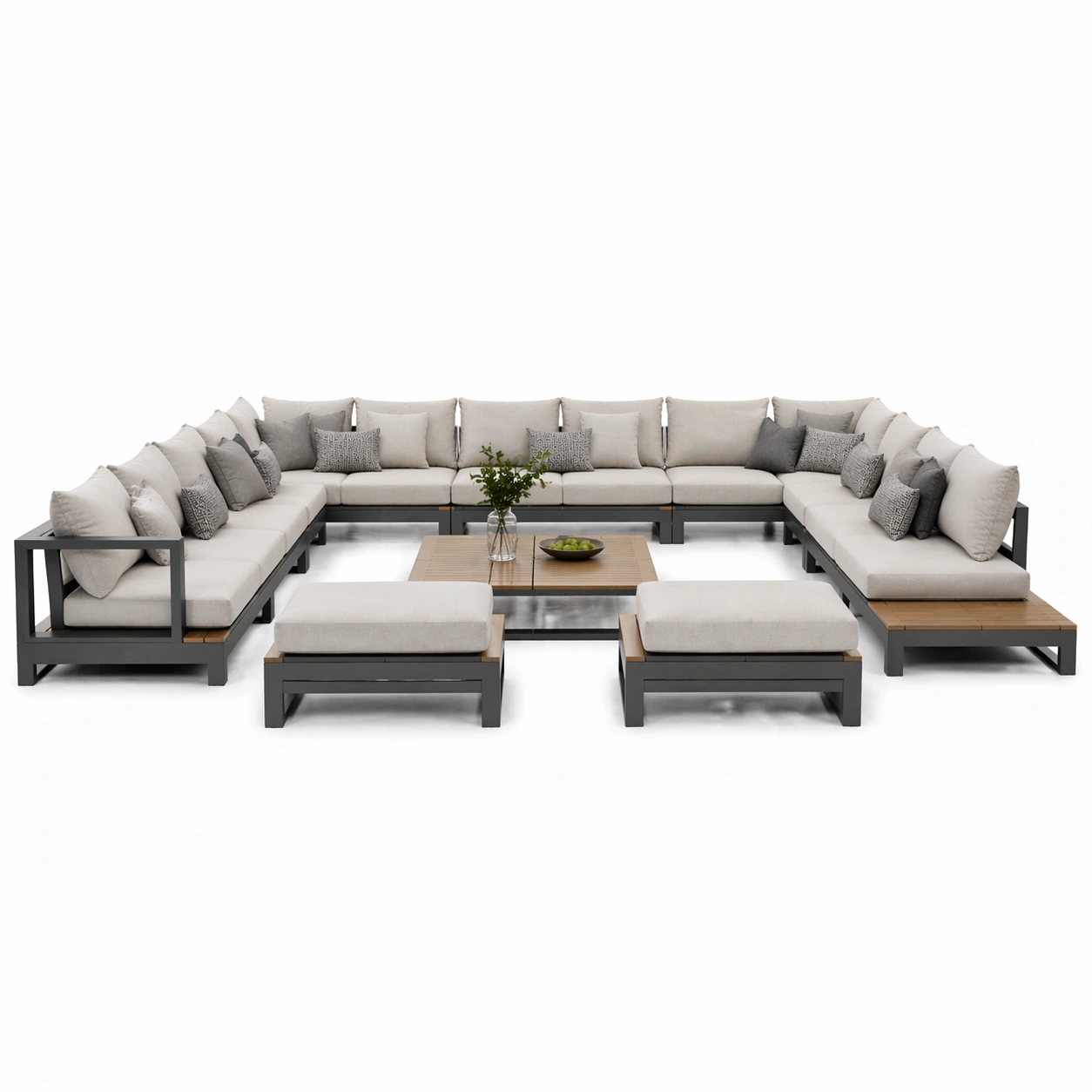 Conjunto sofa exterior modular grande beige con reposapies y mesa baja
