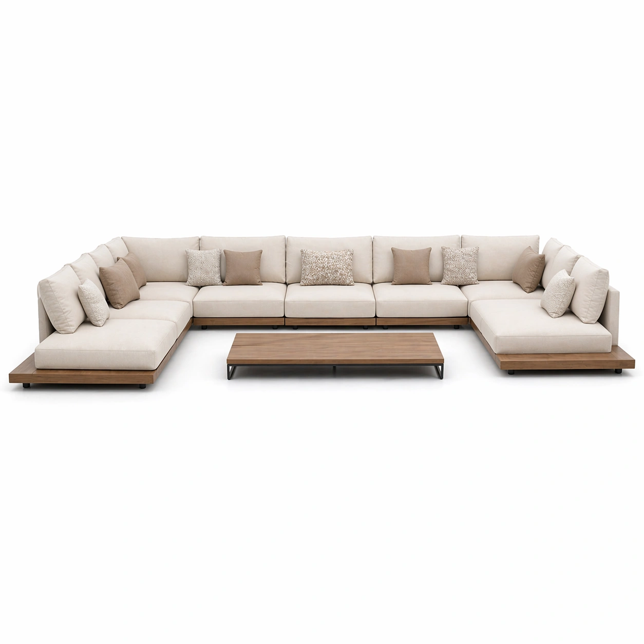 Sofa modular exterior en U beige con mesa baja madera