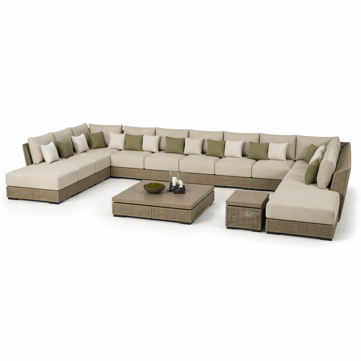 Conjunto sofa exterior en U beige con mesa y mesa auxiliar integrada