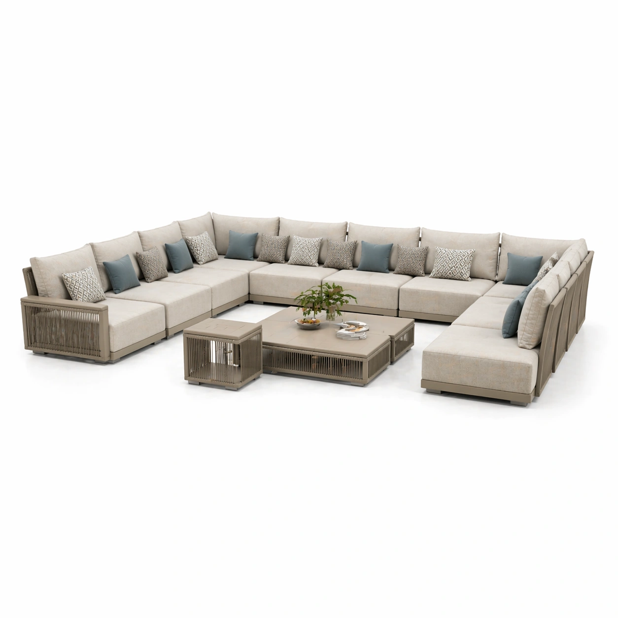 Sofa modular exterior grande beige con mesa central y mesa auxiliar