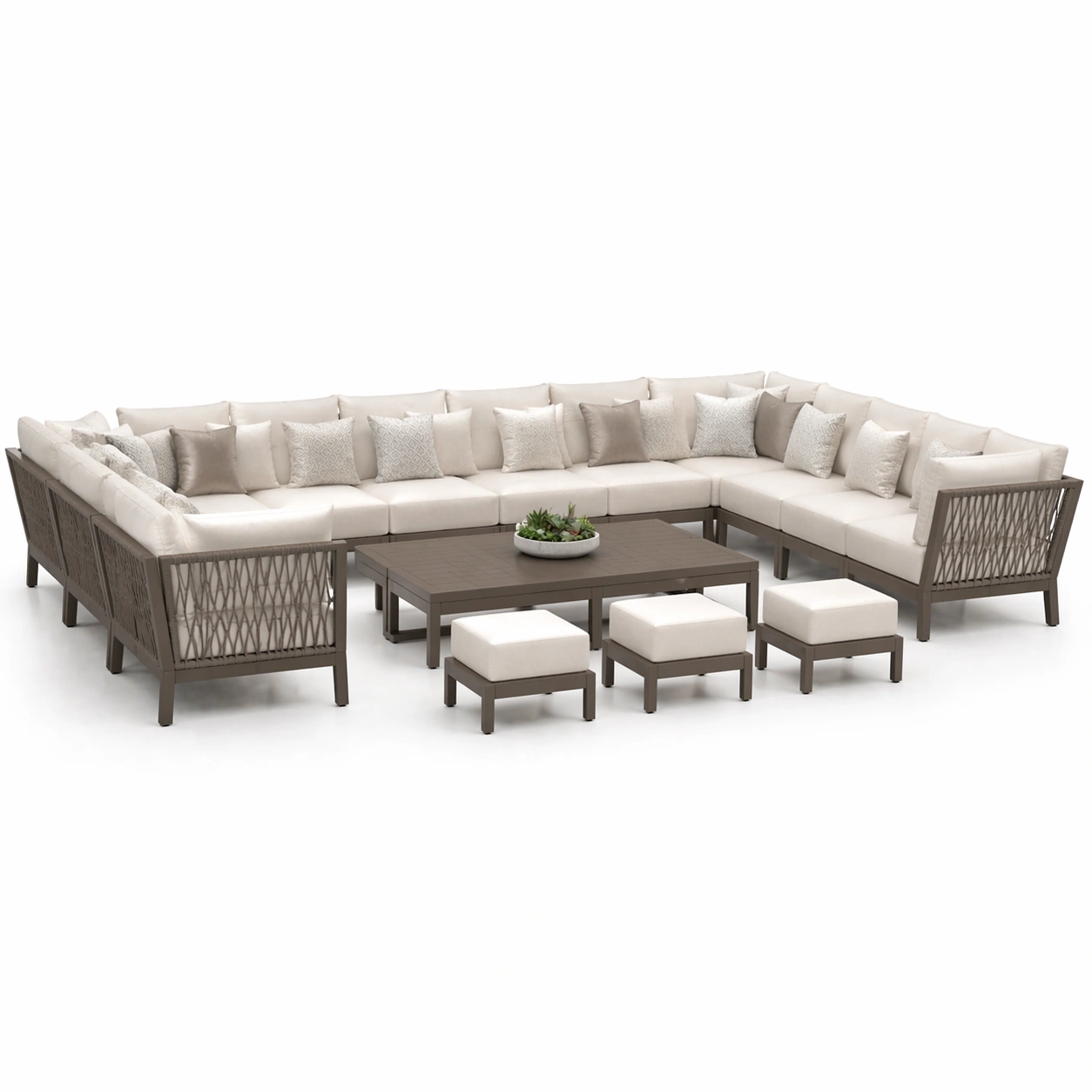 Conjunto sofa exterior en U beige con mesa central y taburetes incluidos