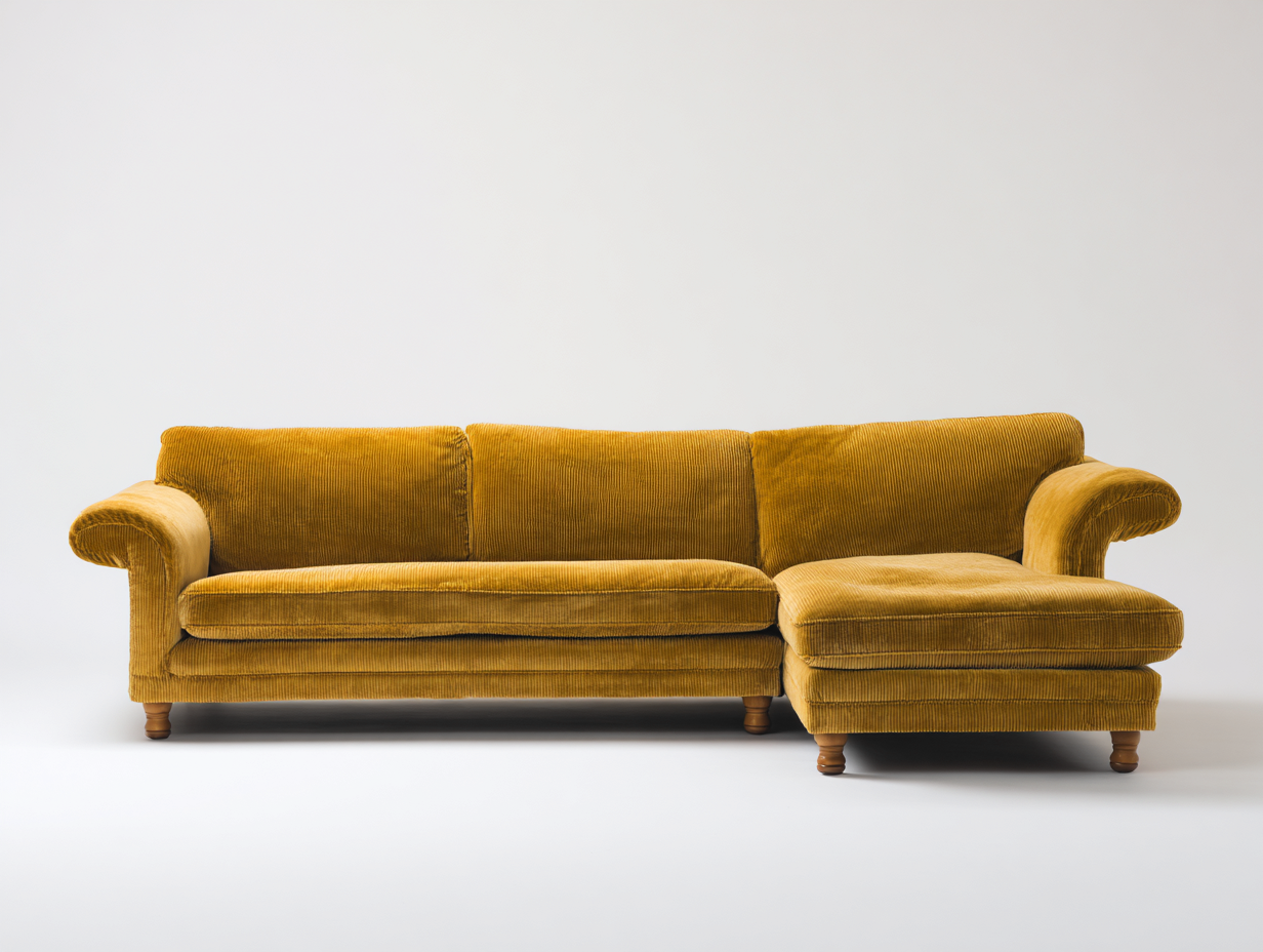 Divano angolare - tessuto velluto a coste-legno - 268x162x82 cm - giallo senape - stile vintage-Liriamidecor