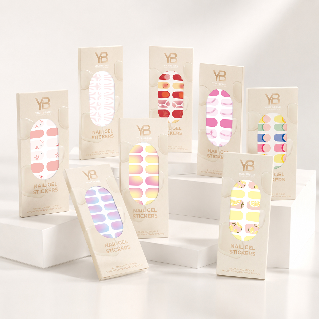 Flawless salon-quality semi-cured gel nail wraps applied on model hands
